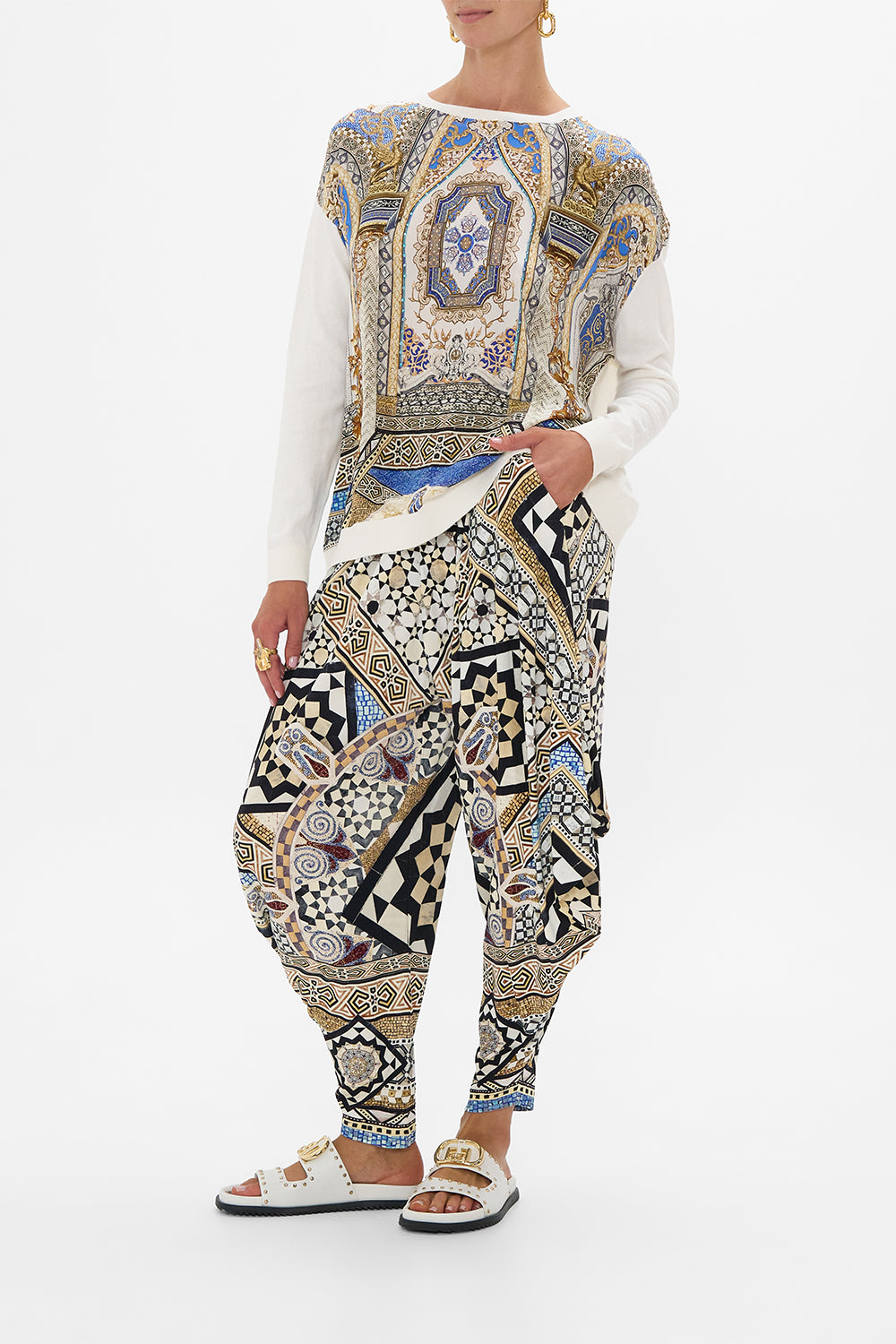 The CAMILLA OVERSIZED CROPPED TEE WITH SILK DETAILS DEFY GRAVITY in our  print.