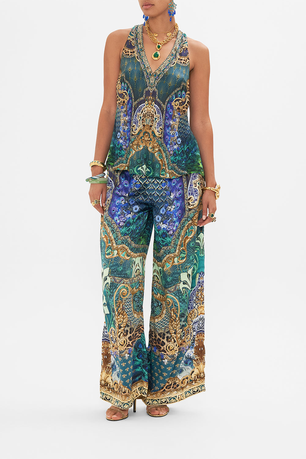 Front view of model wearing CAMILLA silk top in Fan Dance print