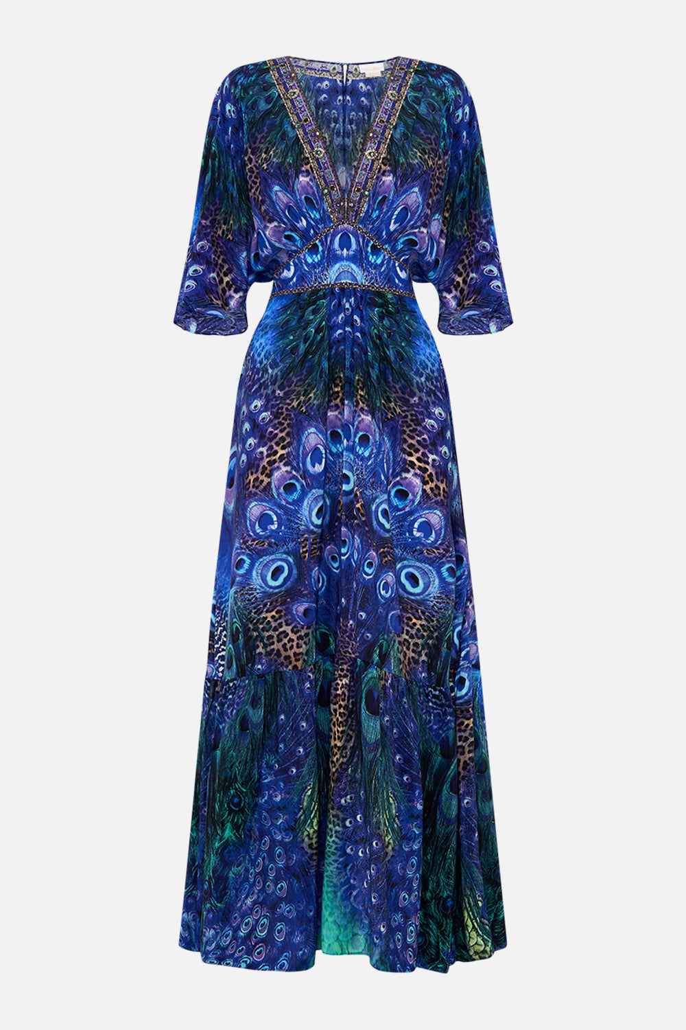 Product view of CAMILLA silk ruffle dress in Peacock Rock print