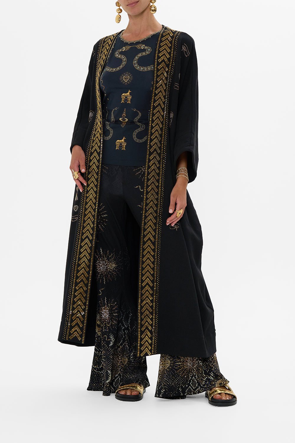 The CAMILLA V NECK LONG BIAS SLIP DRESS WITH TRAIN DEFY GRAVITY in our  print.