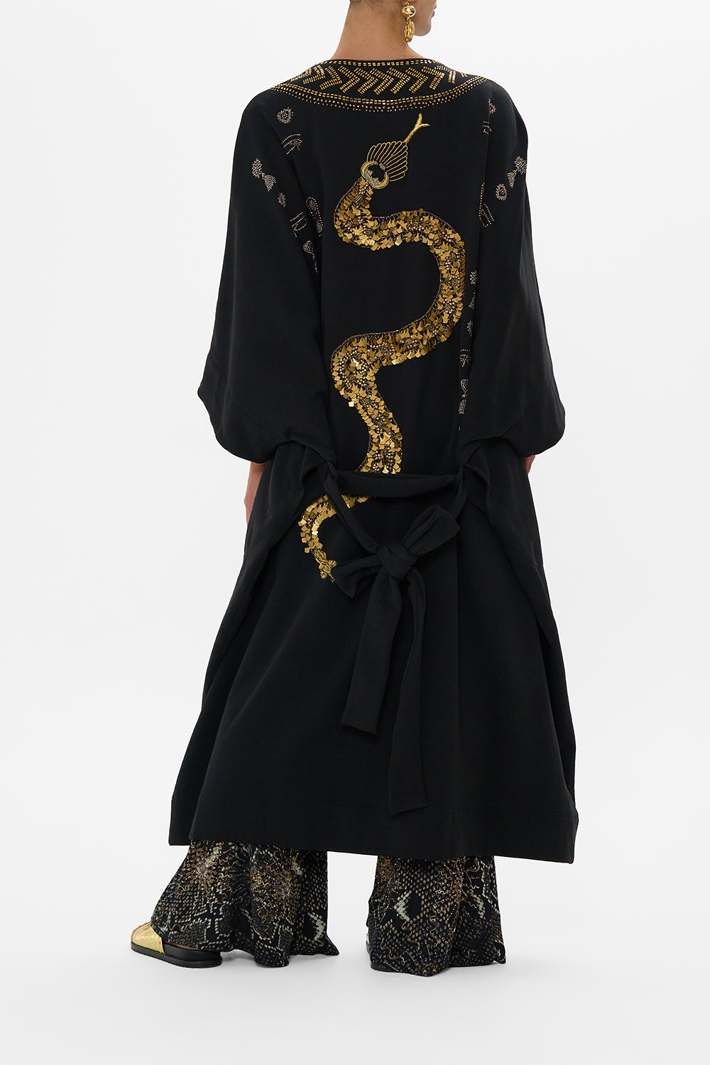 The CAMILLA V NECK LONG BIAS SLIP DRESS WITH TRAIN DEFY GRAVITY in our  print.