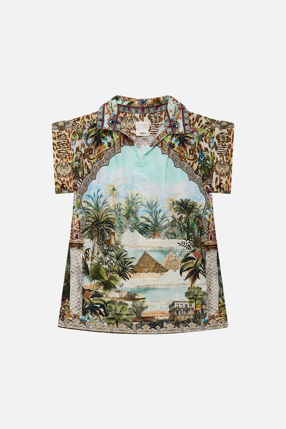 The CAMILLA BUTTON THROUGH BLOUSON SLEEVE BLOUSE THE EGYPT EFFECT in our  print.