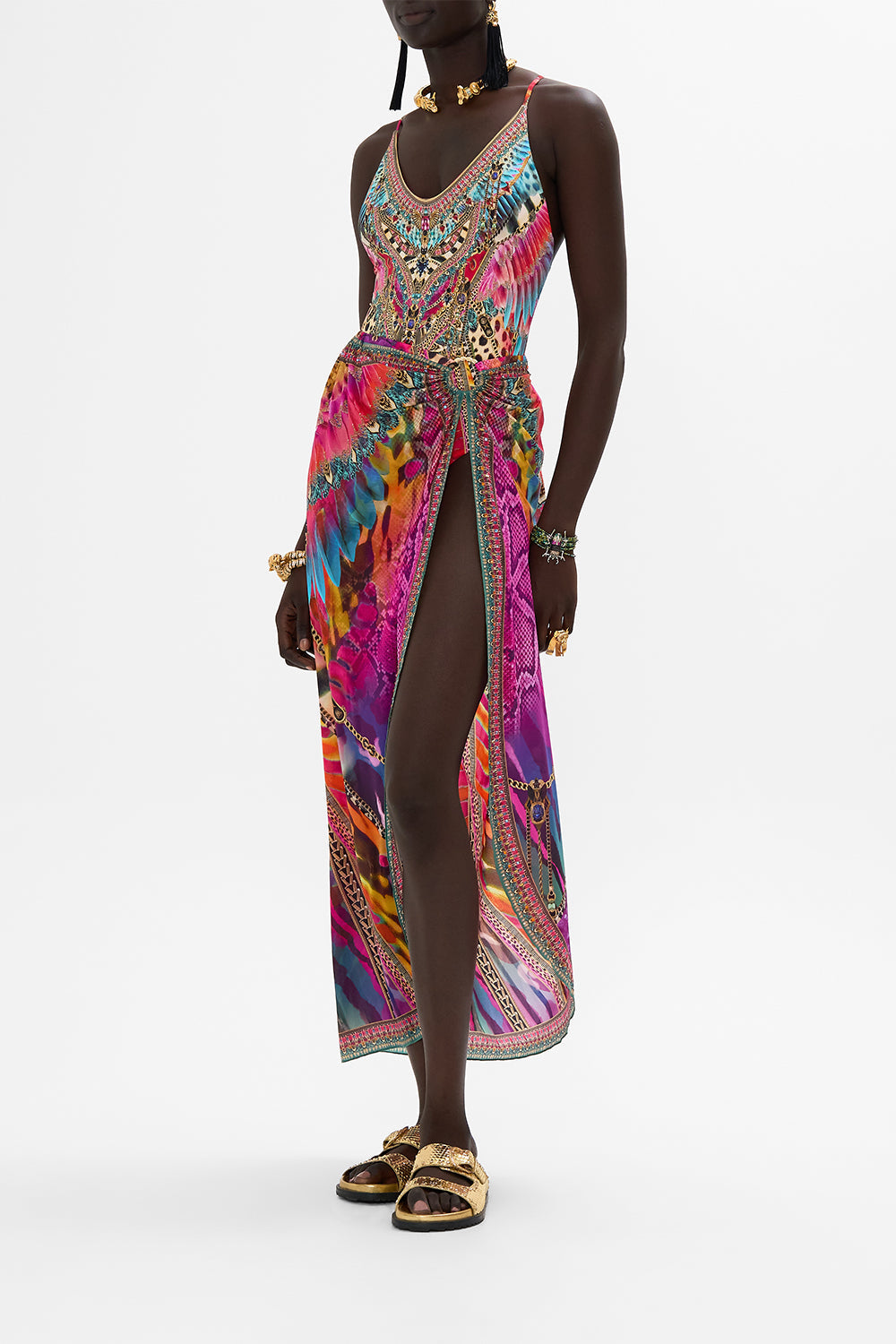 CAMILLA Ring Trim Long Sarong in Sahara Supernatural print.