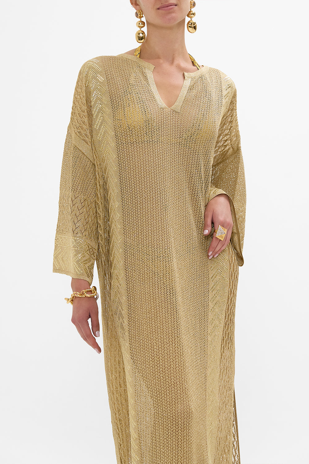 CAMILLA Gold Long V-Neck Knit Kaftan in Valley of the Kings Print