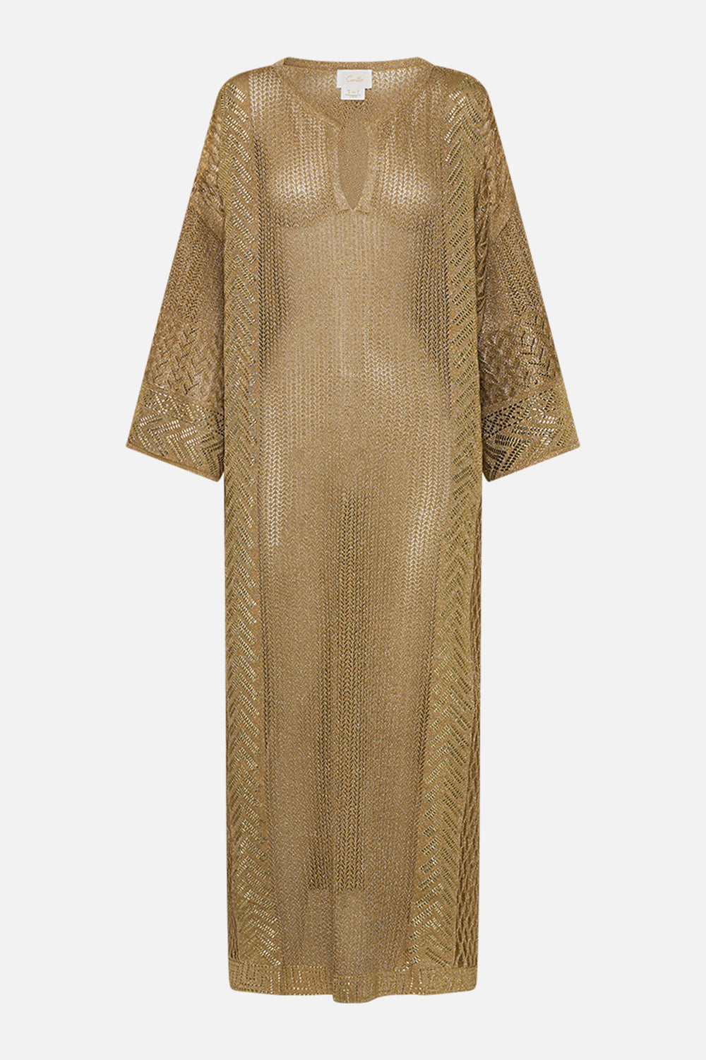 CAMILLA Gold Long V-Neck Knit Kaftan in Valley of the Kings Print