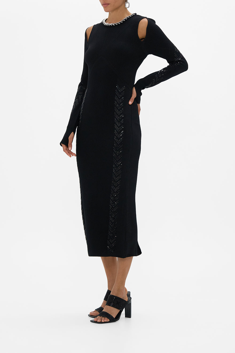 CAMILLA Engineered Cut Out Long Knit Dress in Cartouche Kingdom print. 