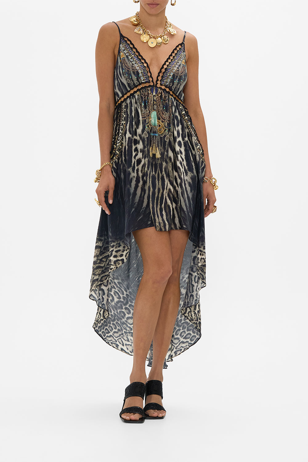 CAMILLA Strappy High Low Dress With Pockets in Cat Worship print. 
