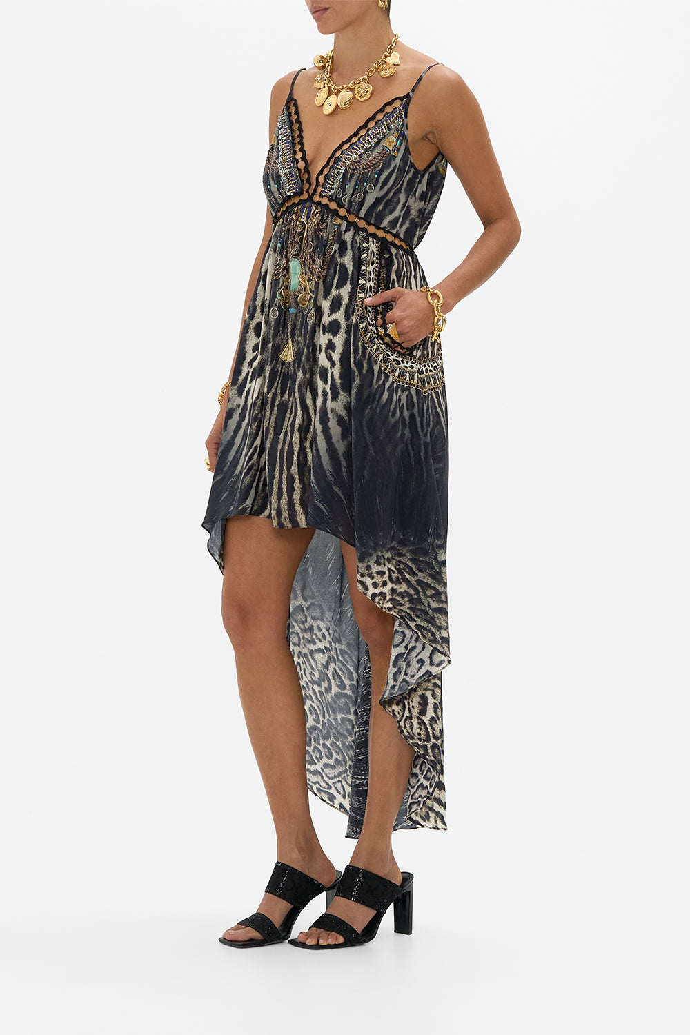 CAMILLA Strappy High Low Dress With Pockets in Cat Worship print. 