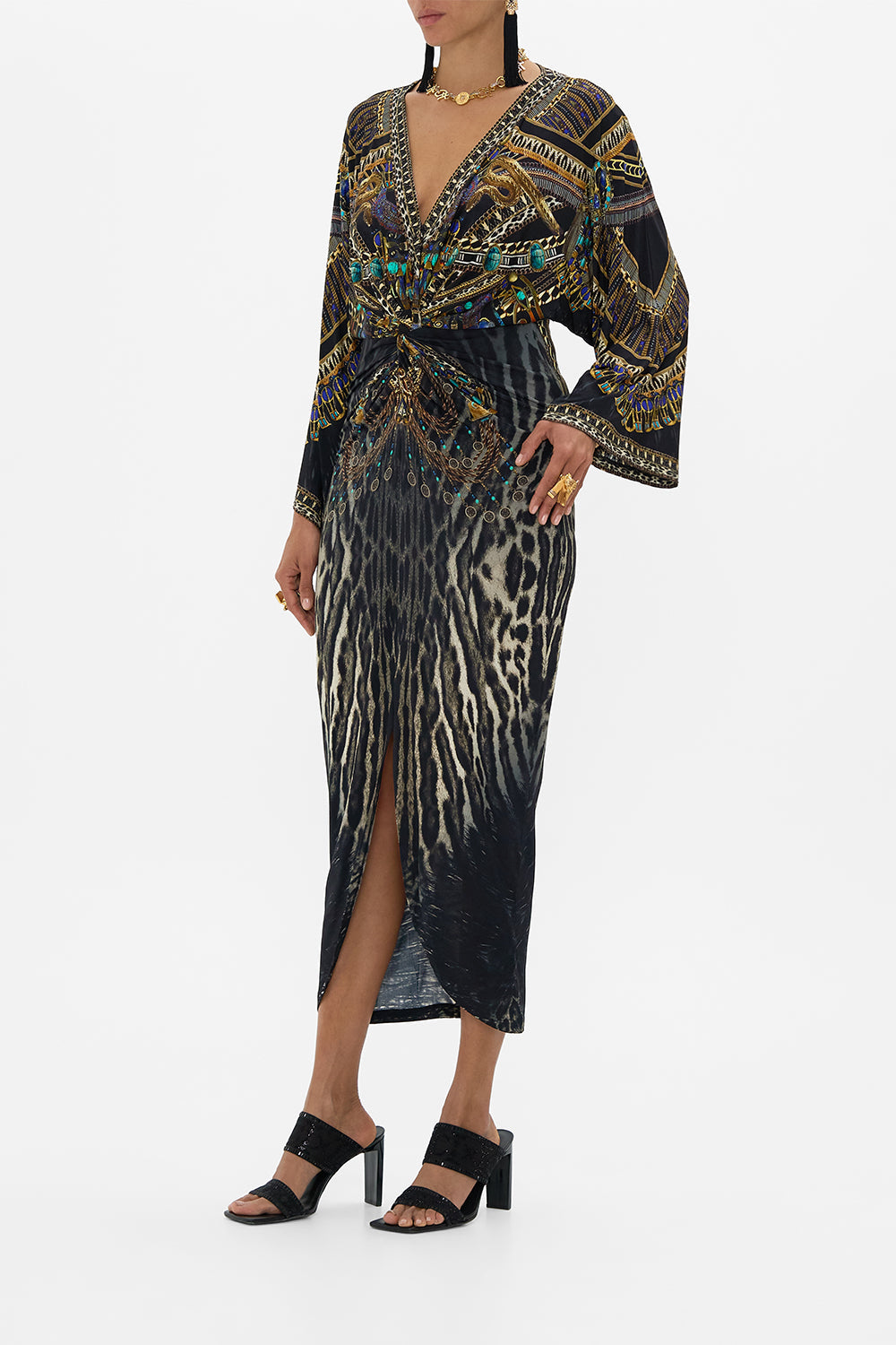 CAMILLA long split front twist dress in Cat Worship print. 