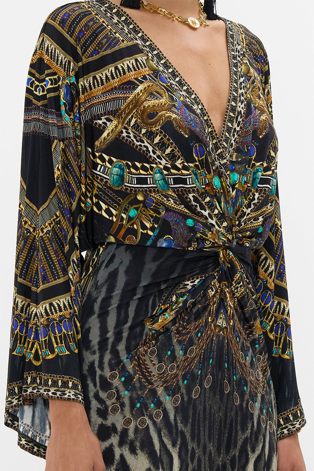 CAMILLA long split front twist dress in Cat Worship print. 