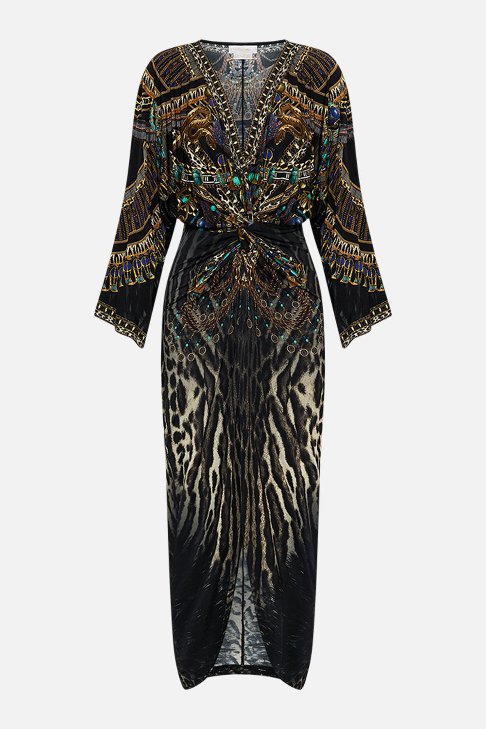 CAMILLA long split front twist dress in Cat Worship print. 