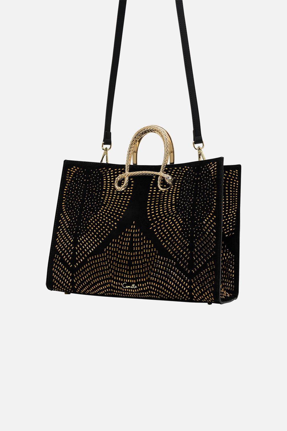CAMILLA east west tote with snake in Solid Black print
