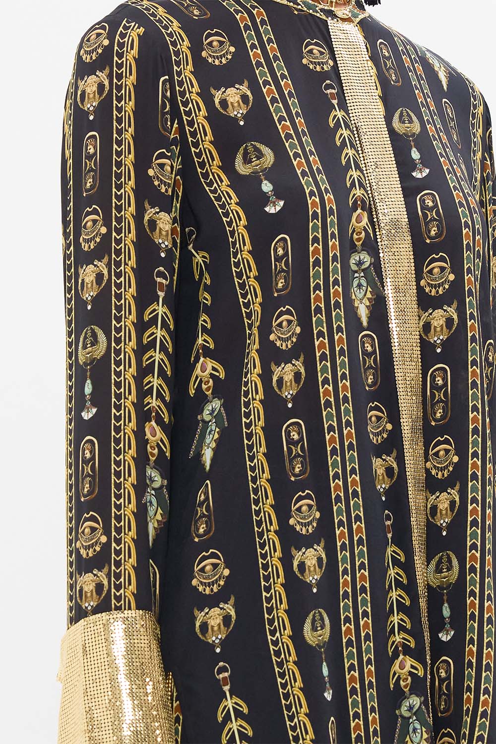 CAMILLA Black/Gold Shirt with Glomesh Placket and Cuffs in They Called Her Nefertari print