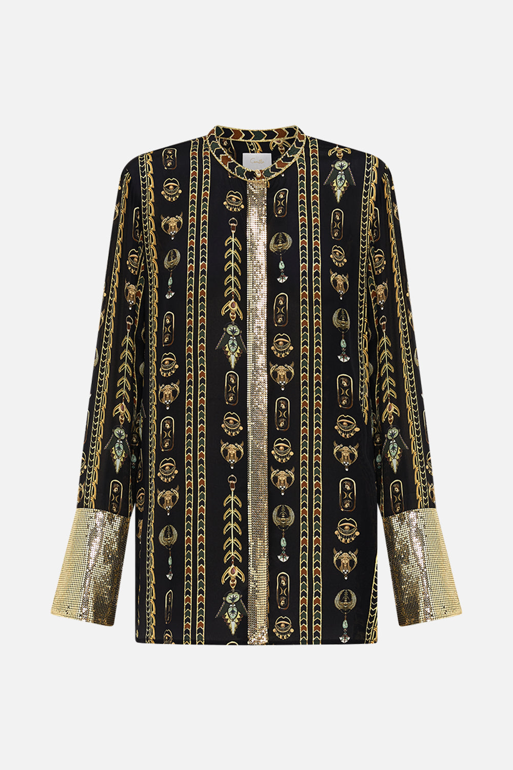 CAMILLA Black/Gold Shirt with Glomesh Placket and Cuffs in They Called Her Nefertari print