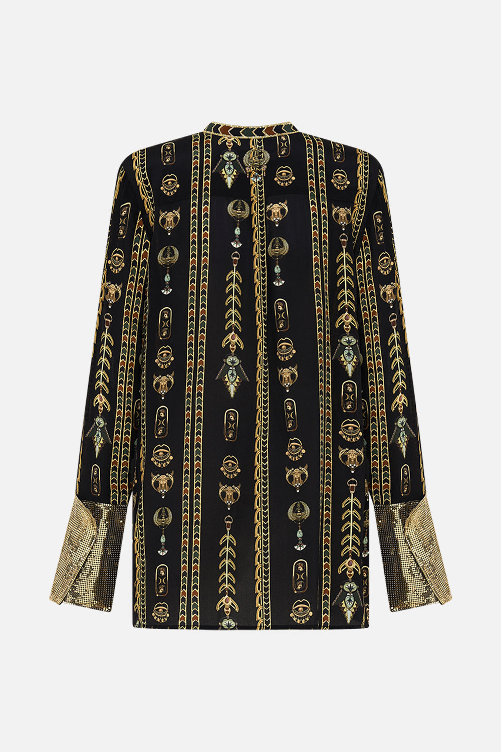 CAMILLA Black/Gold Shirt with Glomesh Placket and Cuffs in They Called Her Nefertari print