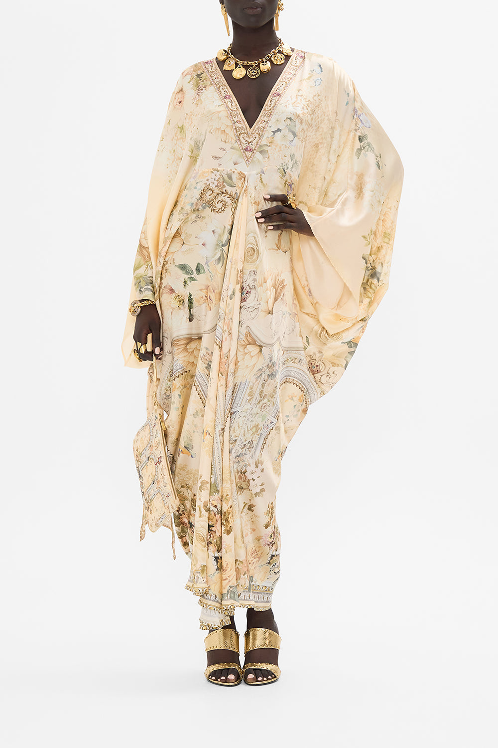 CAMILLA floral t shape long kaftan in Adorned in Antiquity print. 