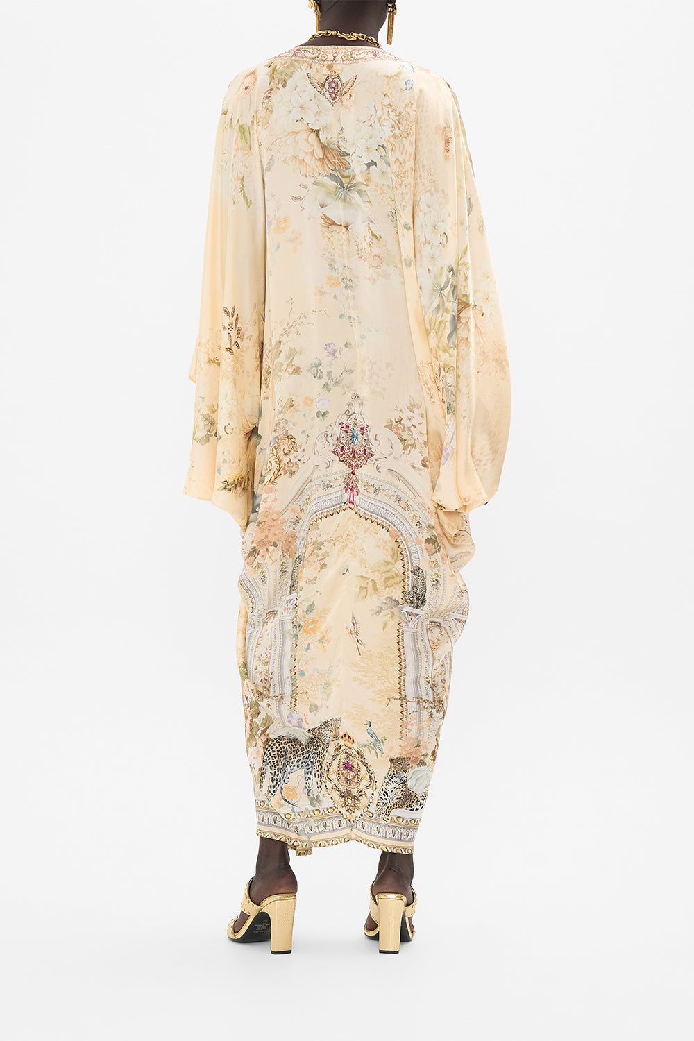CAMILLA floral t shape long kaftan in Adorned in Antiquity print. 
