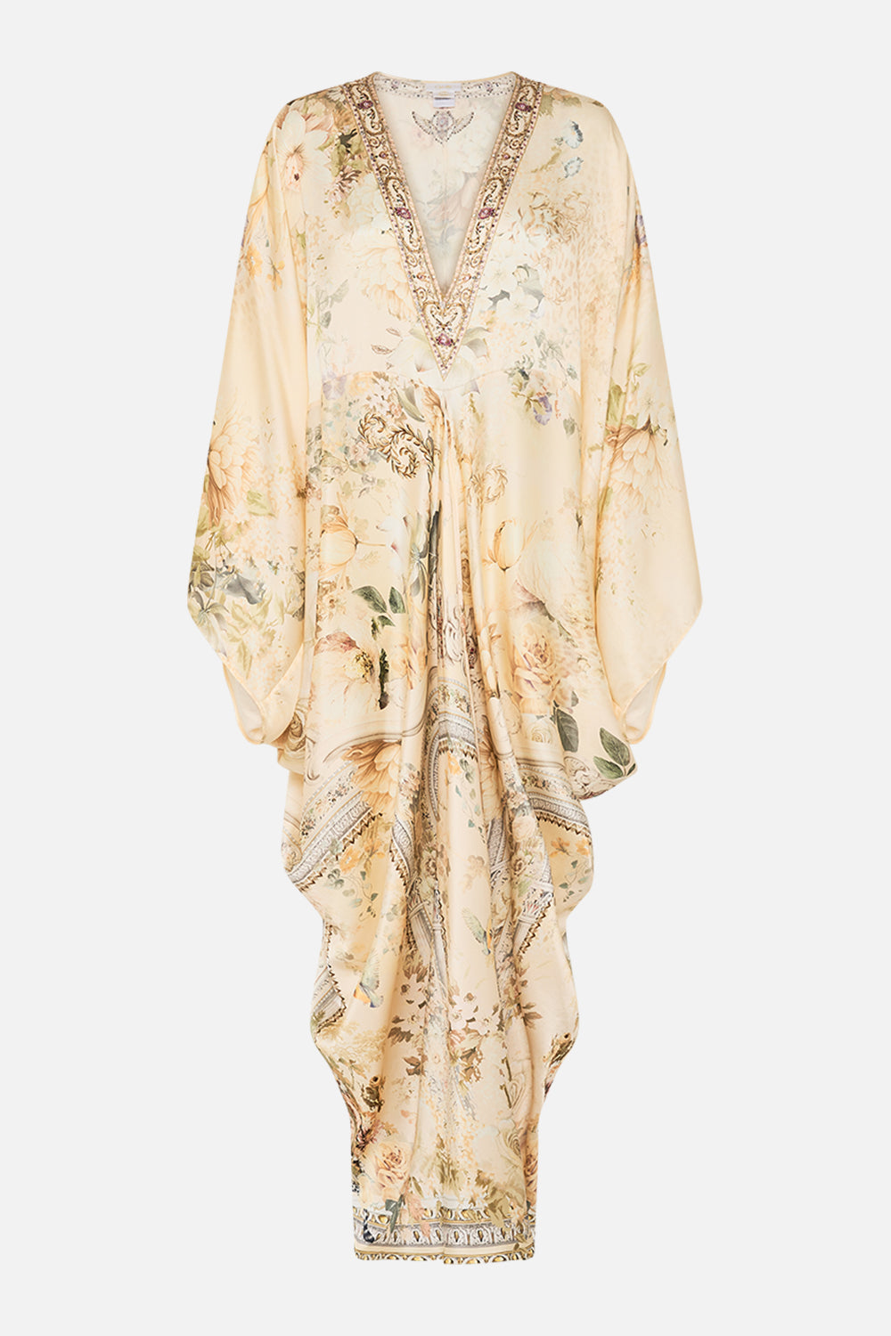 CAMILLA floral t shape long kaftan in Adorned in Antiquity print. 