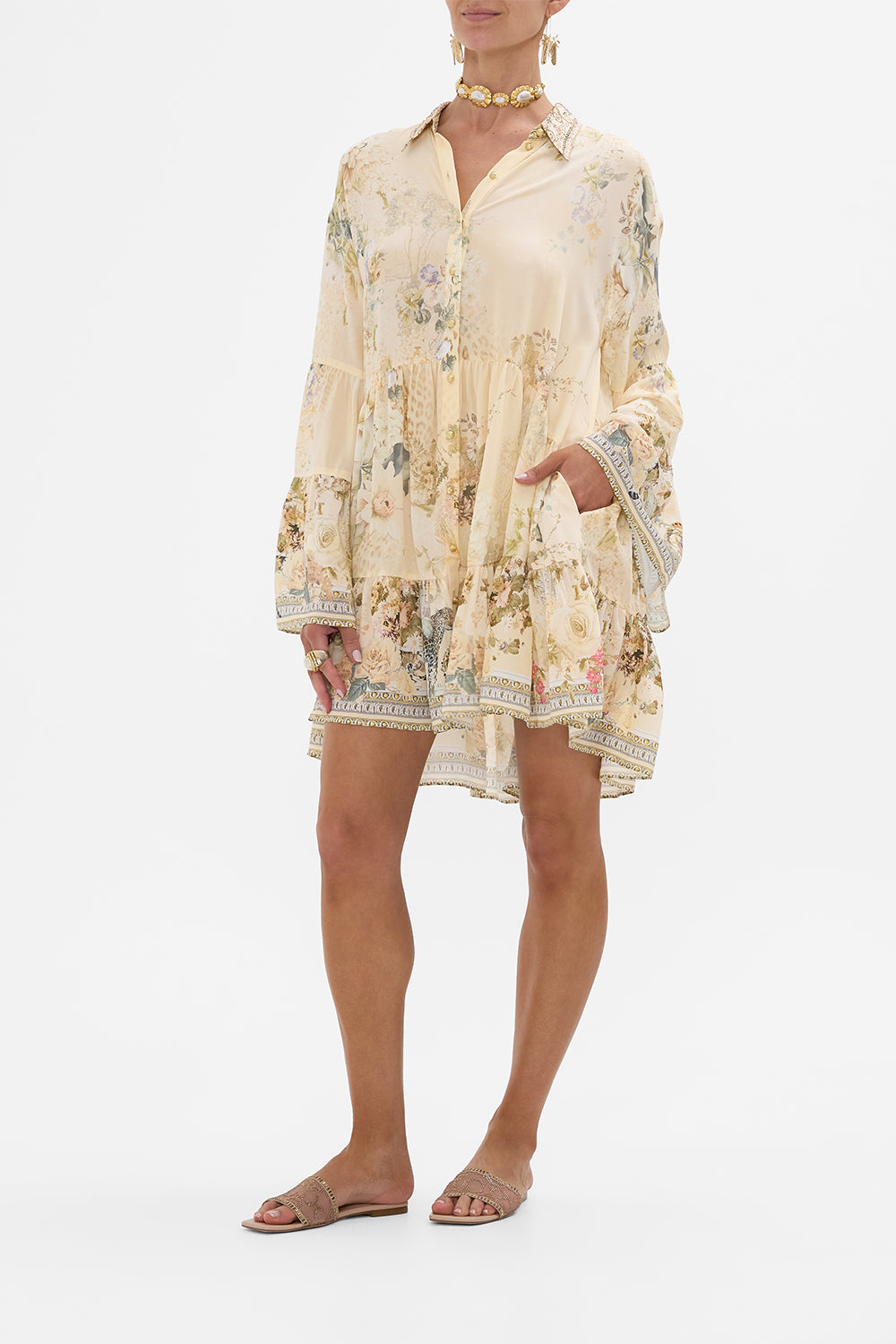 CAMILLA floral tired dress with collar in Adorned in Antiquity print. 