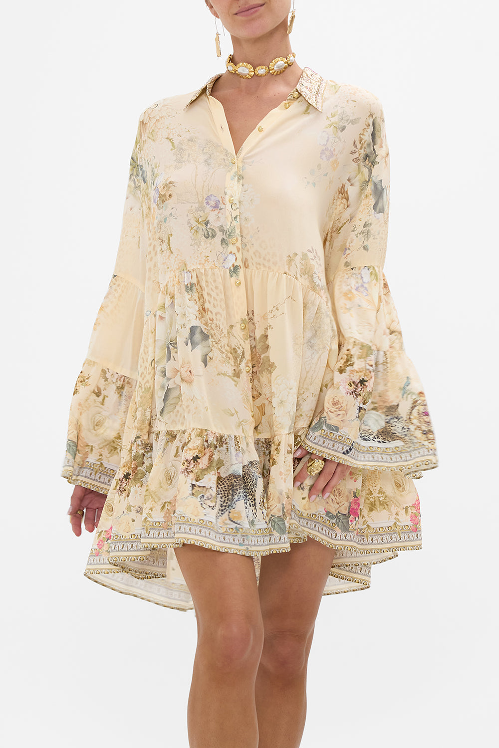 CAMILLA floral tired dress with collar in Adorned in Antiquity print. 