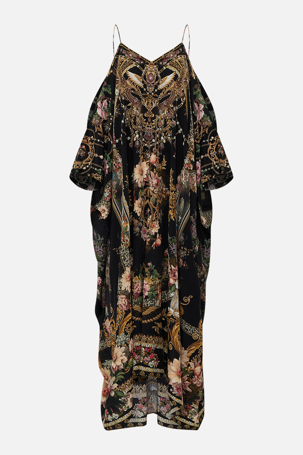 CAMILLA shoestring strap kaftan in Dyansty Daze print. 