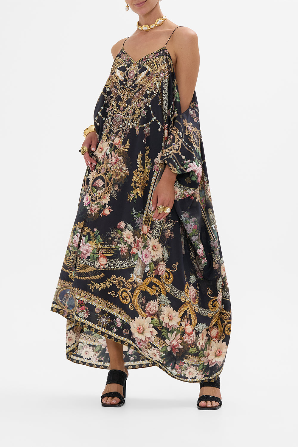 CAMILLA shoestring strap kaftan in Dyansty Daze print. 