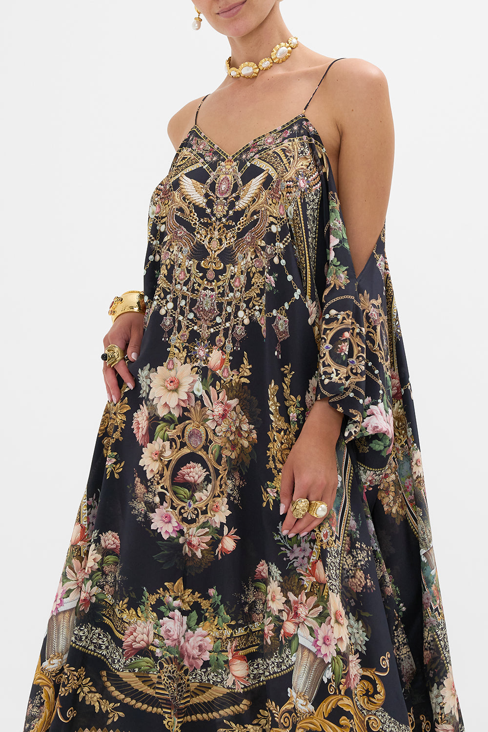 CAMILLA shoestring strap kaftan in Dyansty Daze print. 