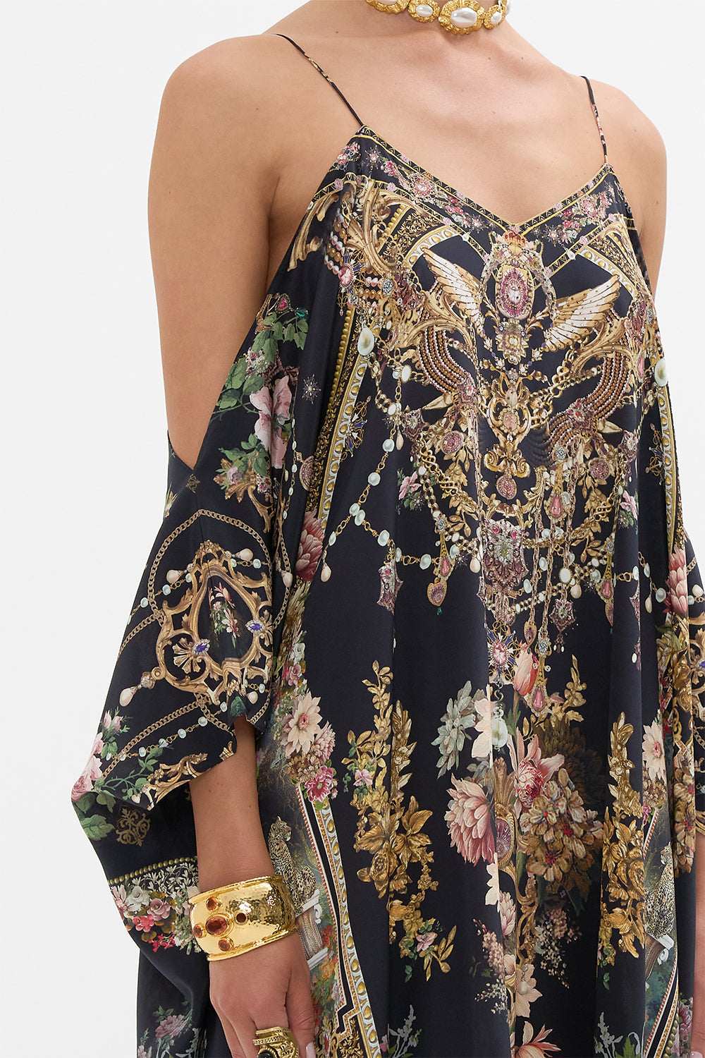 CAMILLA shoestring strap kaftan in Dyansty Daze print. 