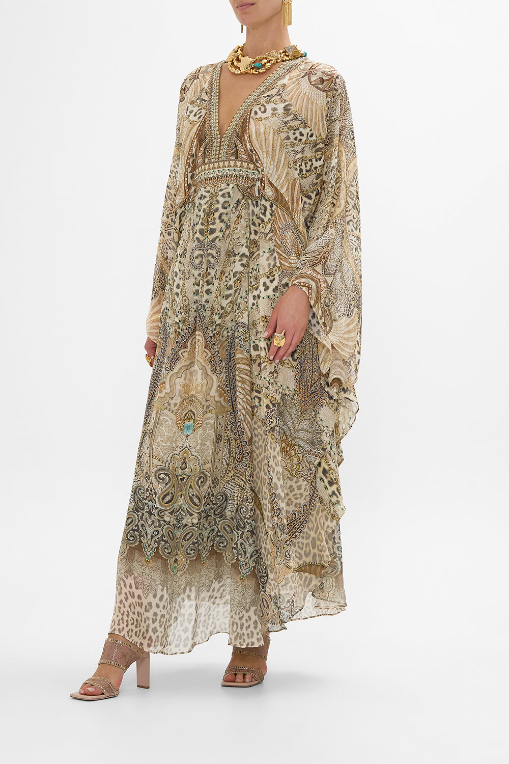 CAMILLA Long Kaftan with Waist Detail in The Throne Room print