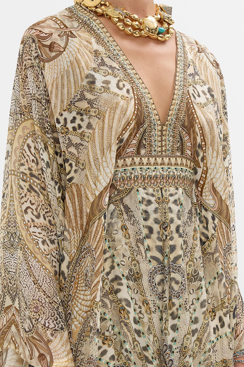 CAMILLA Long Kaftan with Waist Detail in The Throne Room print