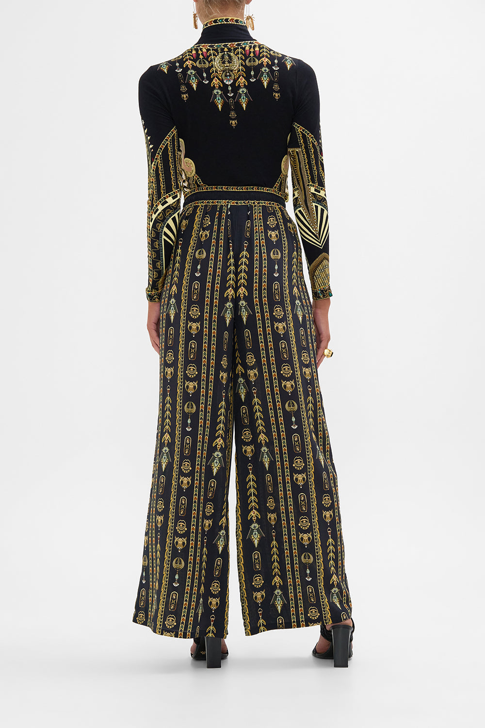 CAMILLA Black/Gold Straight Leg Pant in They Called Her Nefertari print