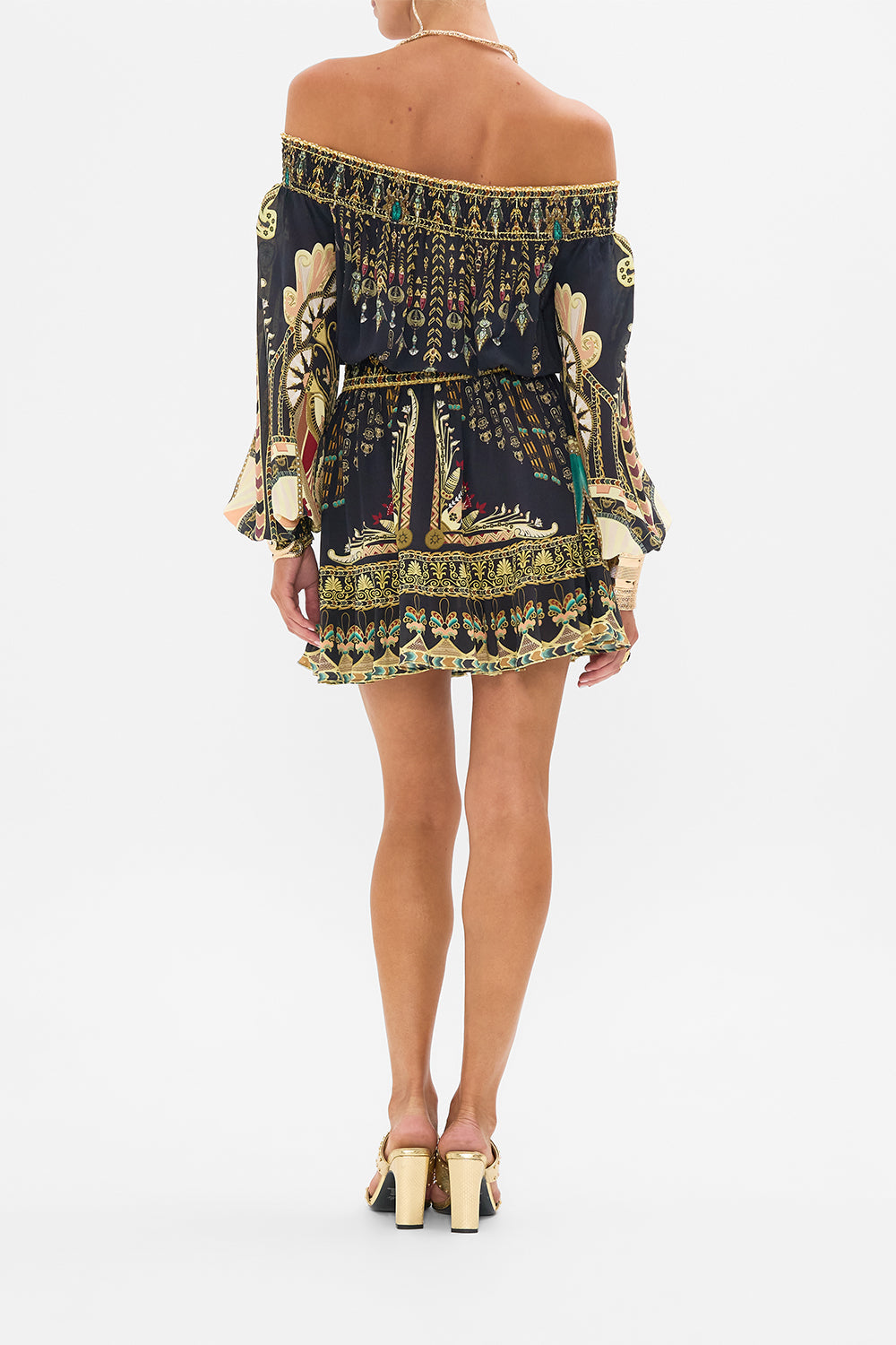 CAMILLA Black/Gold Off Shoulder Short Dress in They Called Her Nefertari print