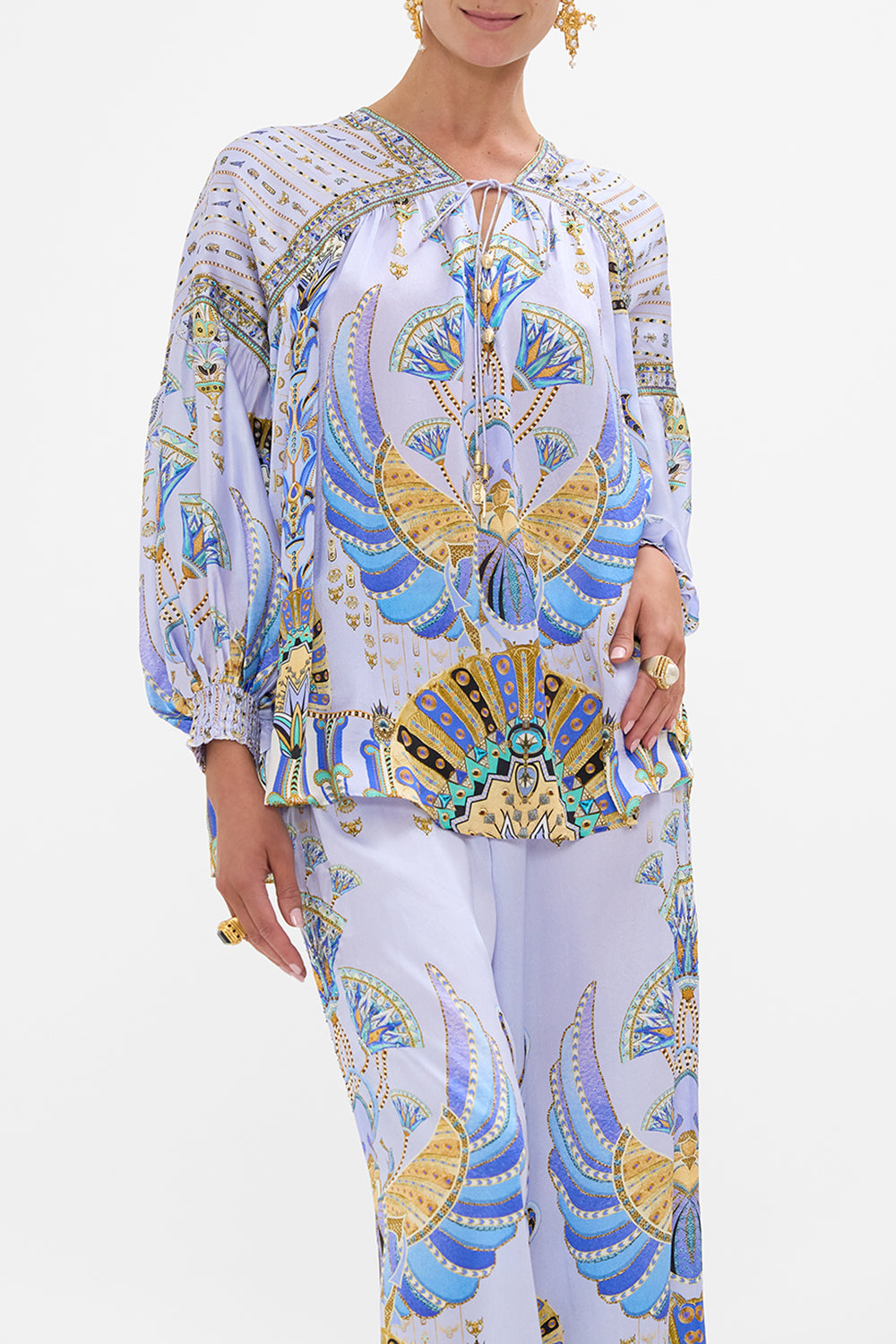 CAMILLA Lilac Blouson Blouse with Neck Tie in Under Scarab Skies print.