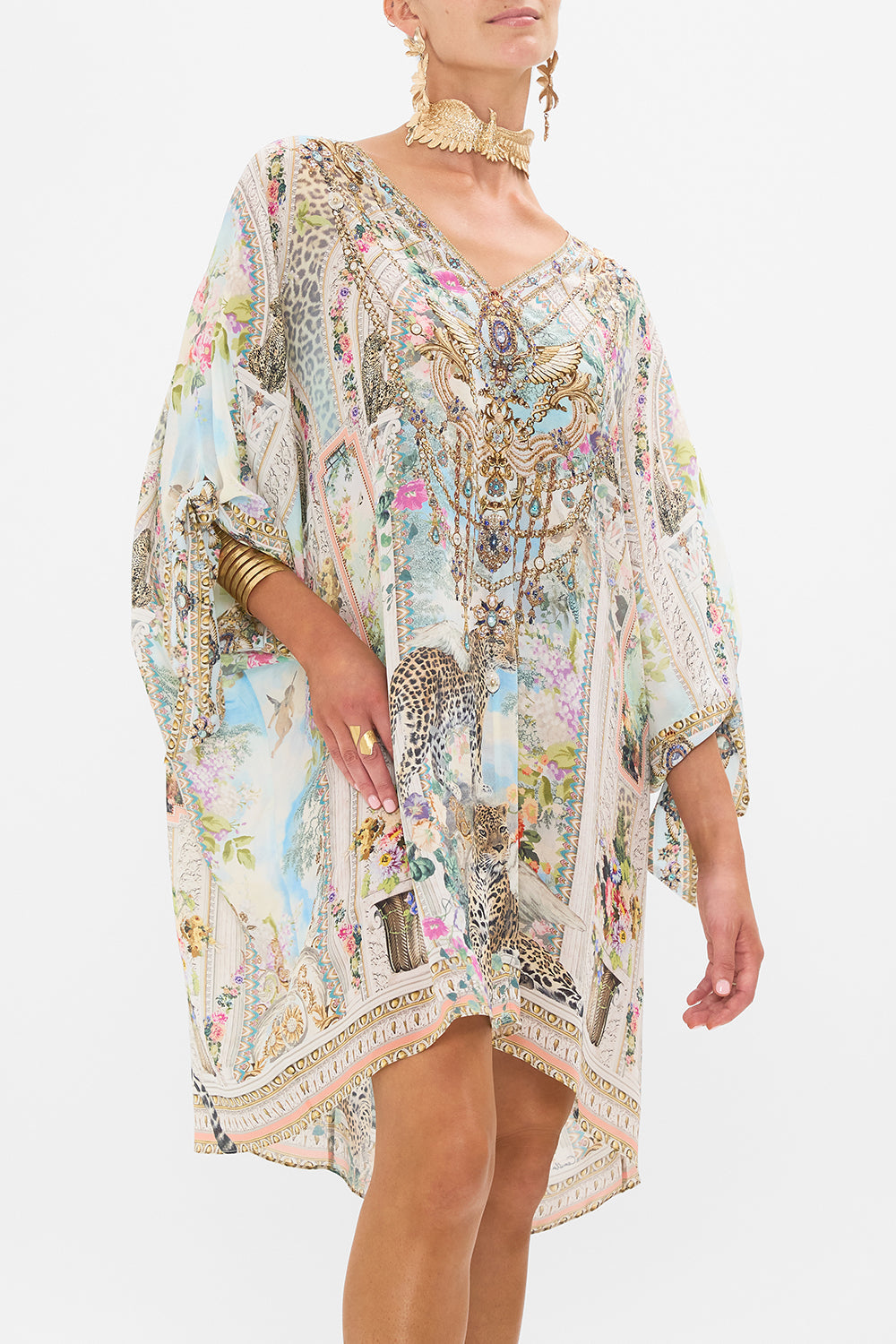 CAMILLA Tie Sleeve Short V Neck Kaftan in We Always Have Alexandria Print. 