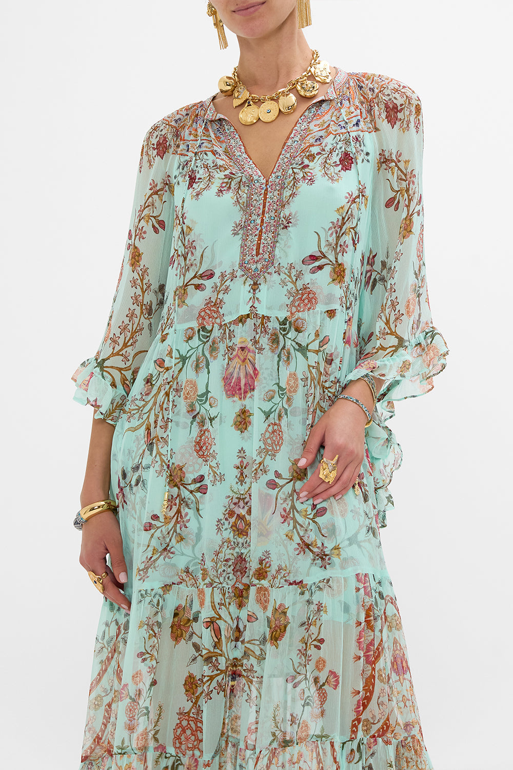 CAMILLA Wide Sleeve Gathered Dress in Weaving Worlds print