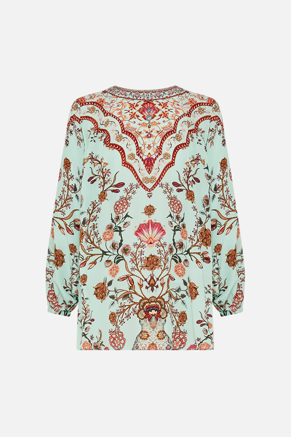 CAMILLA Lace Up Blouse in Weaving Worlds print