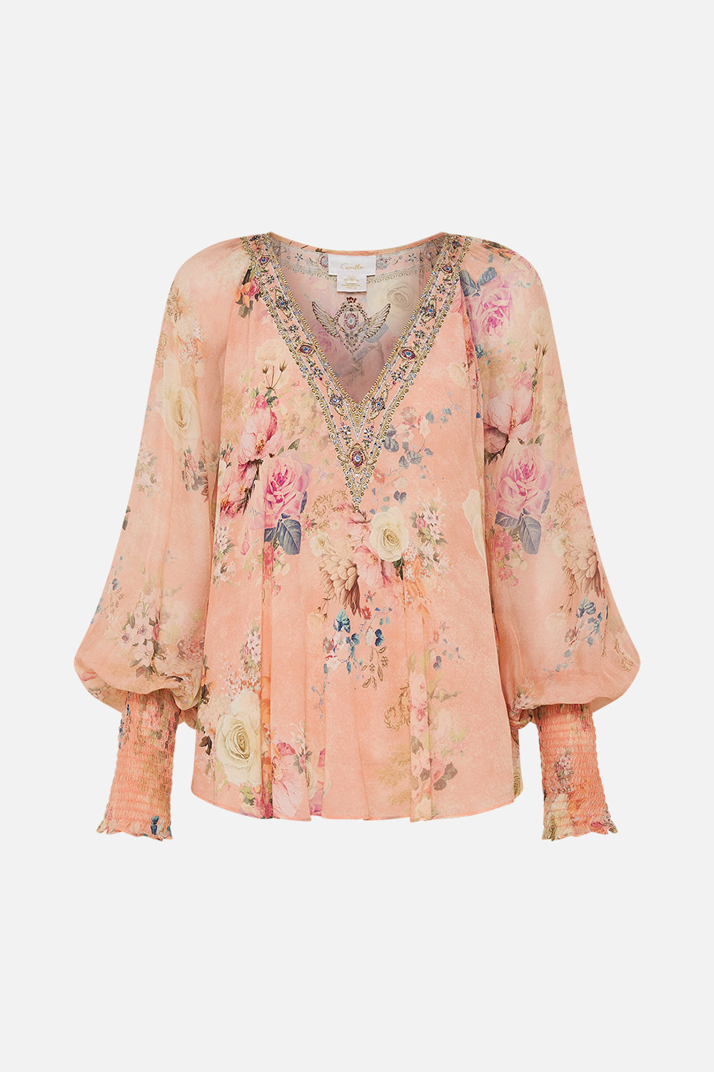 CAMILLA Floral Shirred Cuff Blouse in The Jewellery Palace print. 