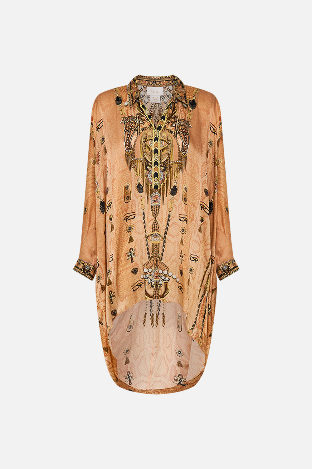 CAMILLA Gold Button Up Top with Draped Back in Kingdom of Hieroglyphs Print