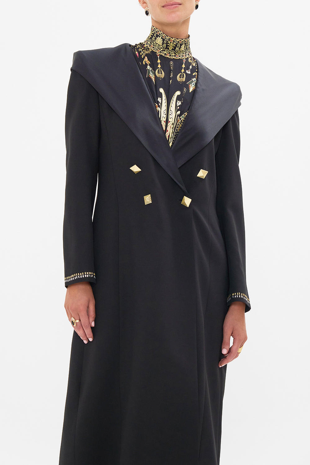 CAMILLA Black/Gold Long Coat with Hood in They Called Her Nefertari print