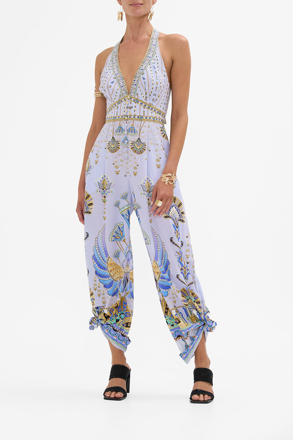 CAMILLA Lilac Halterneck Jumpsuit with Tie Neck in Under Scarab Skies print