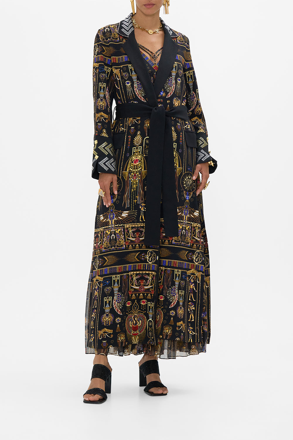 CAMILLA Cuffed Short Side Split Coat in Cartouche Kingdom print. 