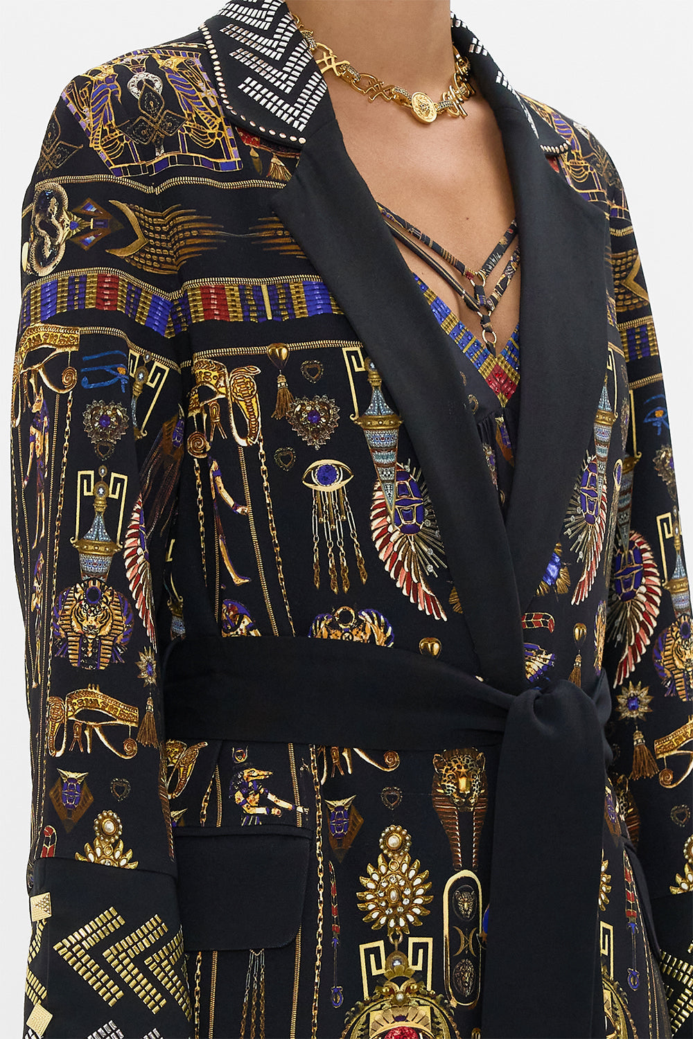 CAMILLA Cuffed Short Side Split Coat in Cartouche Kingdom print. 