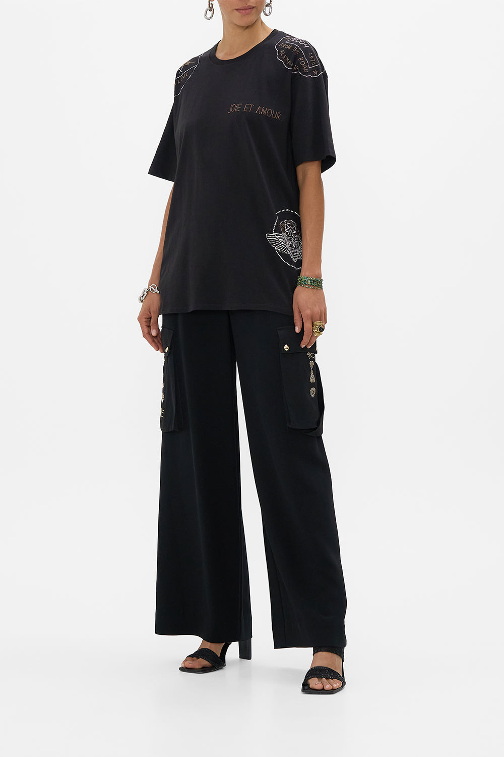 CAMILLA Black Oversized Band Tee in Cartouche Kingdom print. 