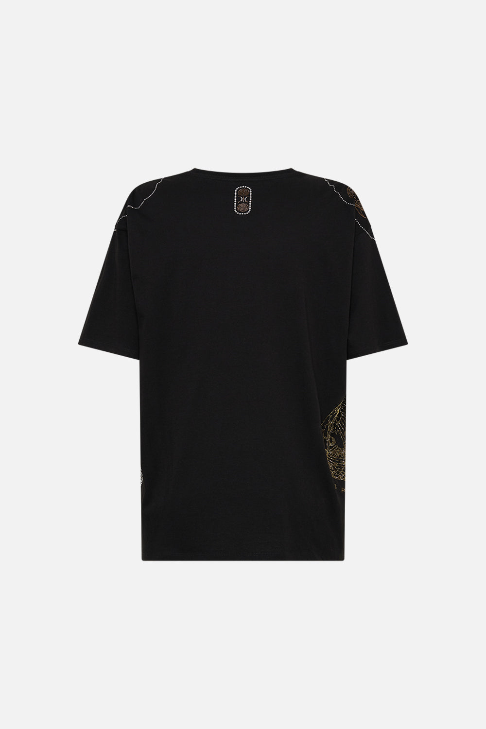 CAMILLA Black Oversized Band Tee in Cartouche Kingdom print. 