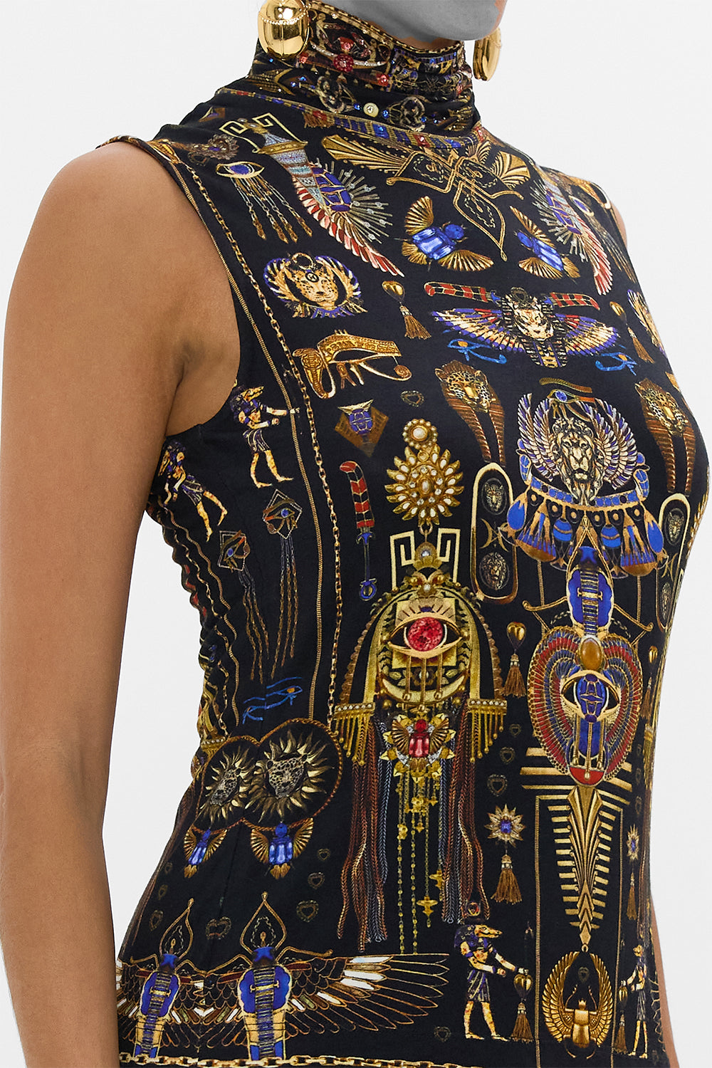 CAMILLA Sleeveless Turtleneck in Cartouche Kingdom print. 