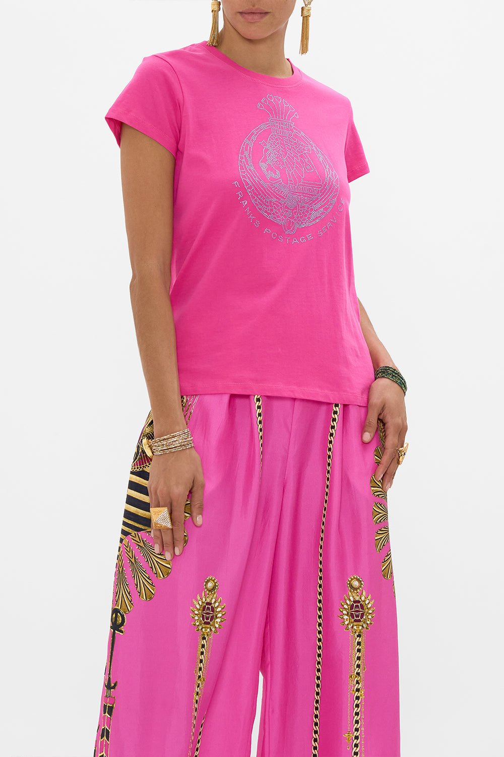 CAMILLA Hot Pink Slim Fit Round Neck T Shirt in Song Of The Scarab print. 