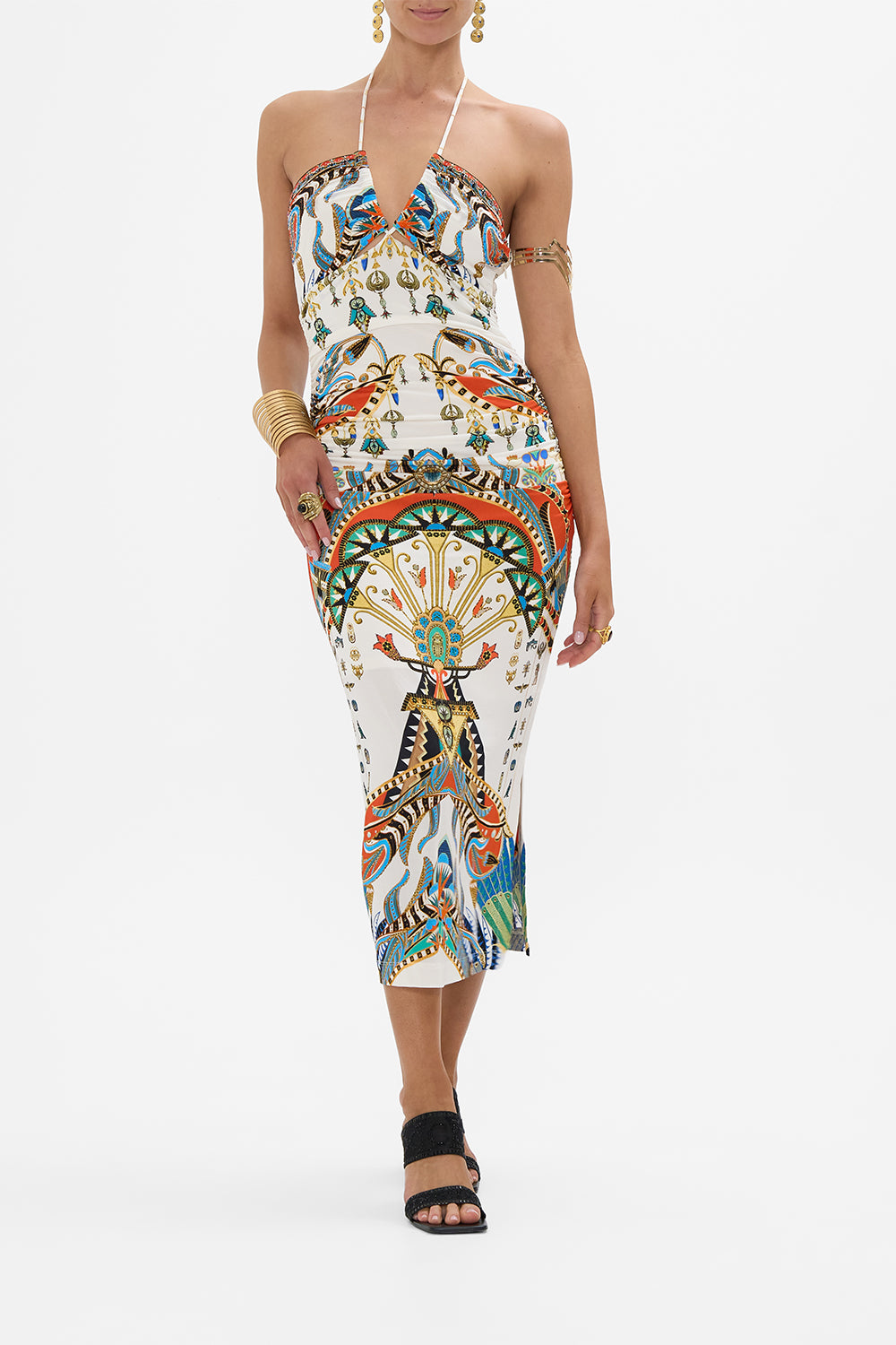 CAMILLA Cut Out Sleeveless Jersey Halter Neck Dress in Valley of the Queens print