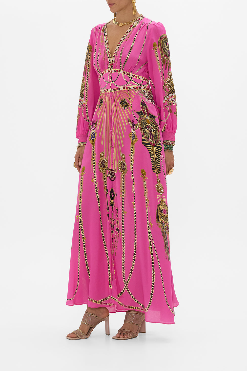 CAMILLA Button Dress With Shaped Waistband in Song Of The Scarab print. 