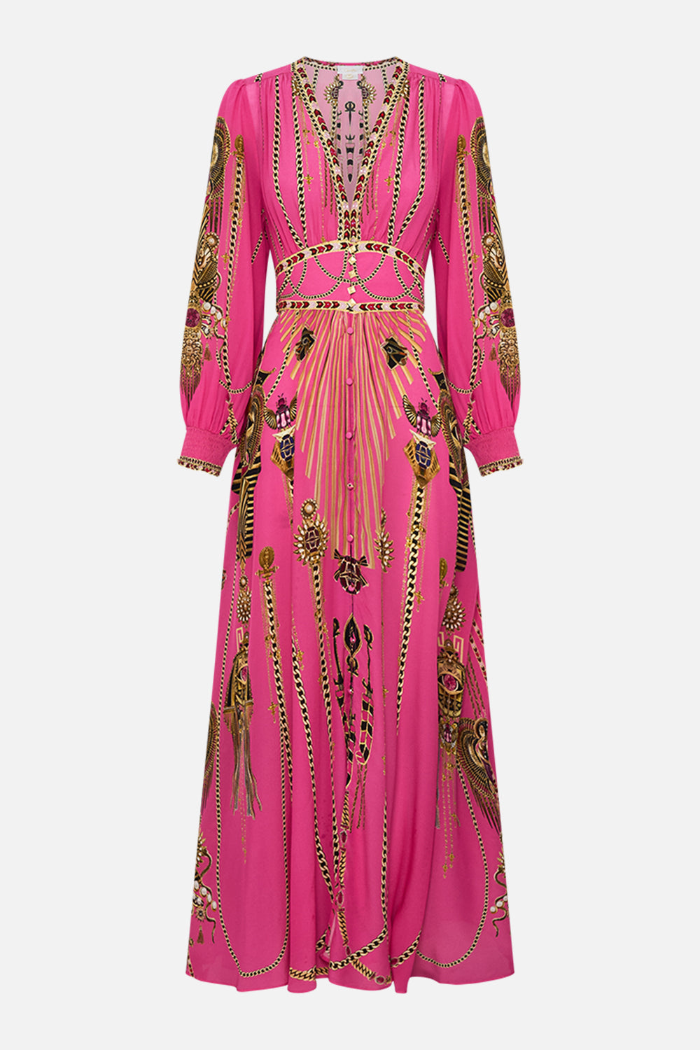 CAMILLA Button Dress With Shaped Waistband in Song Of The Scarab print. 