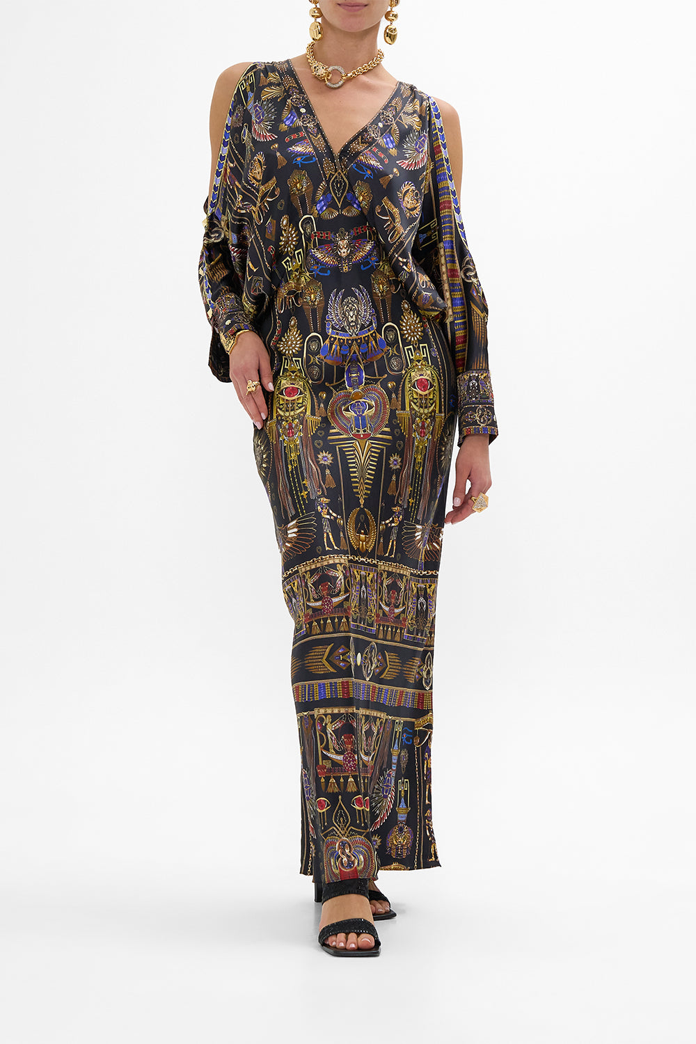 CAMILLA Plunge Neck Draped Shoulder Dress in Cartouche Kingdom print. 